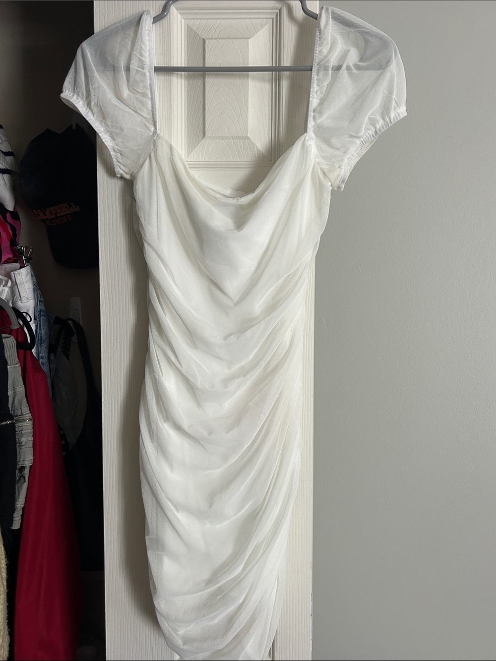 Princess Polly White Draped Mini Dress with Sheer Sleeves